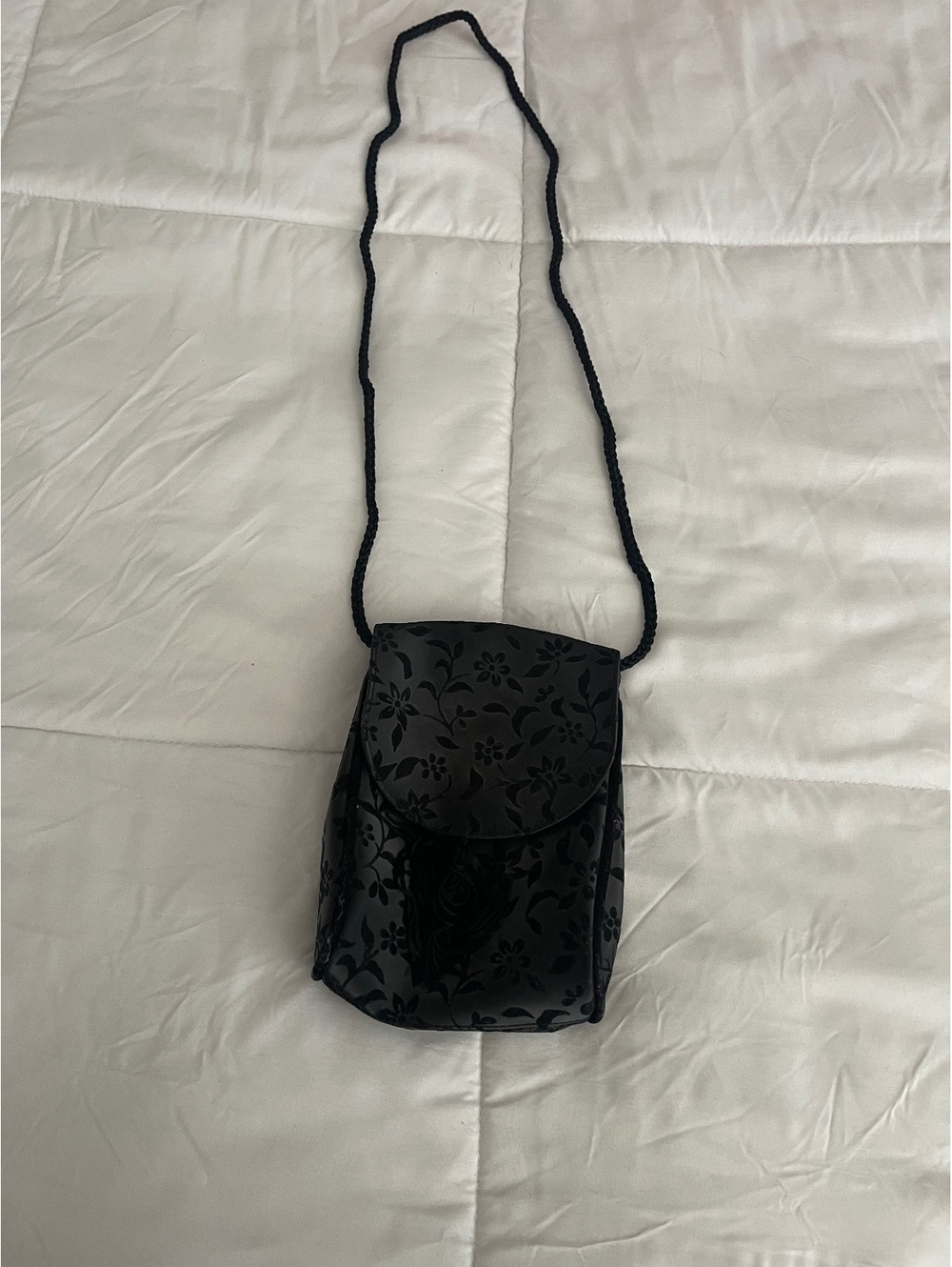 Black Floral Patterned Small Crossbody Bag with Braided